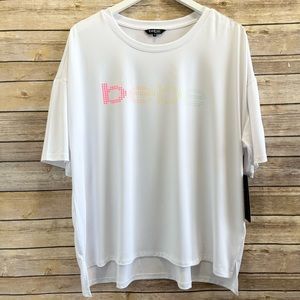 Bebe Sport Rainbow Dot Logo White Short Sleeve Activewear Tee Size 1X NWT